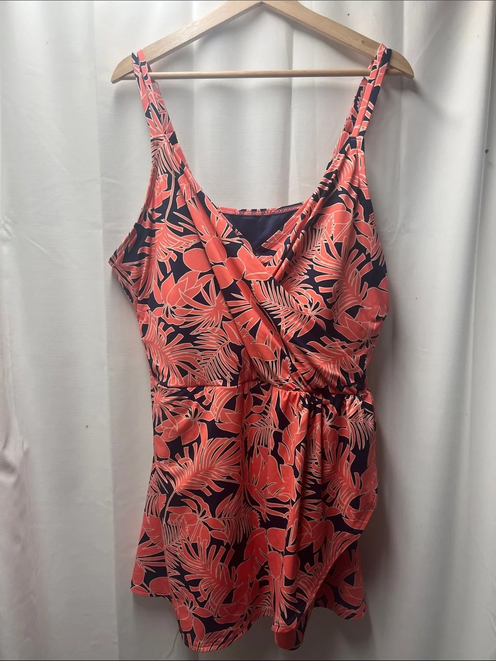 Land’s End Plus Tulip Wrap Wood Lily Palm Navy Blue One Piece Swim Dress- 3X